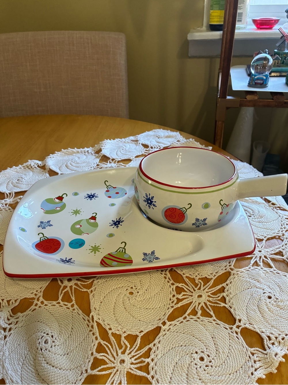 Ceramic Serving Set with Red-Trim Ornament Design.